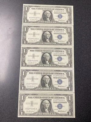 Lot of 5 Consecutive 1957 $1 Silver Certificate One Dollar Blue Seal Notes UNC - Image 1 of 4