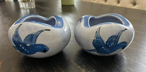MEXICAN TONALA ASH TRAY? BOWL PLANTER SET 2 BLUE BIRD BUTTERFLY MEXICO - Picture 1 of 12