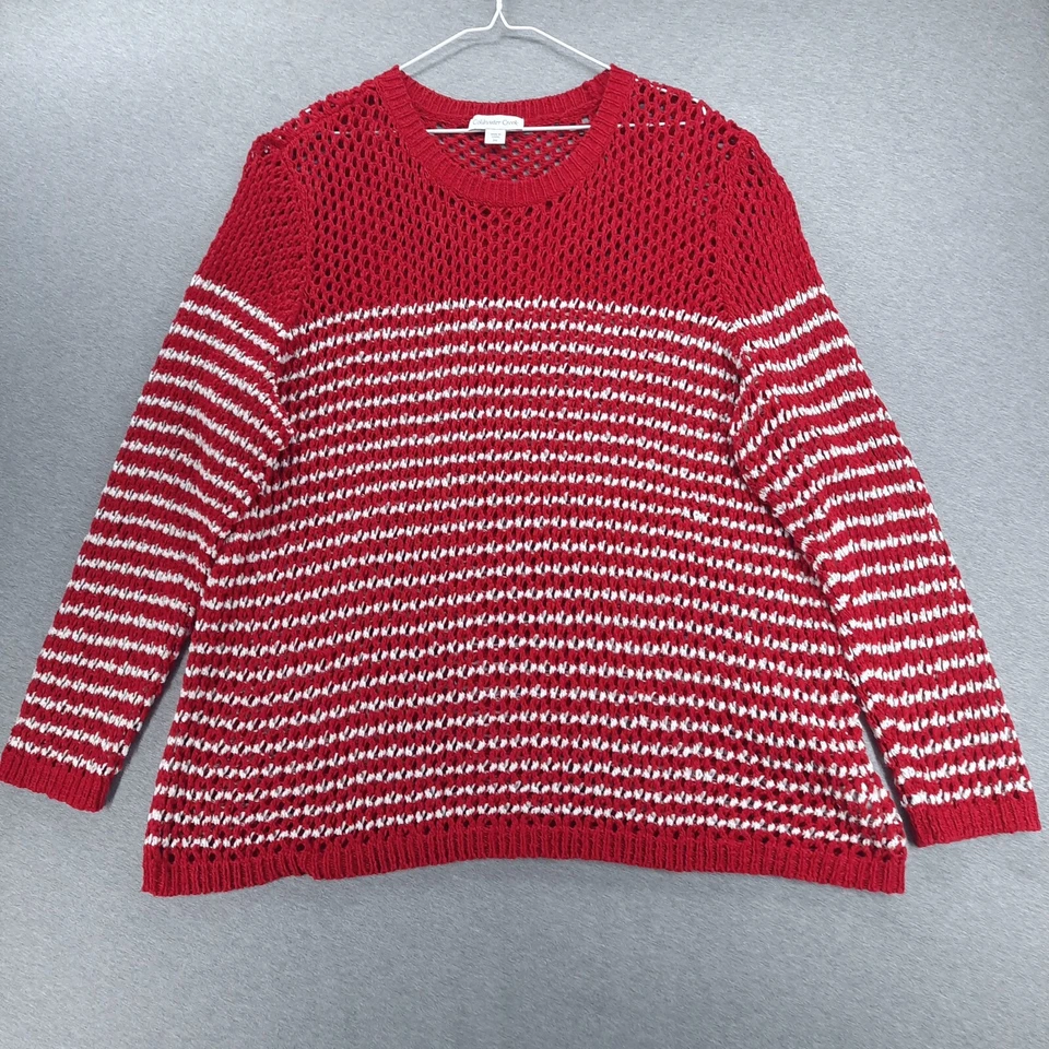 Suéter feminino Coldwater Creek 2X listra branca vermelha gola redonda malha aberta pulôver - Imagem 1 de 4