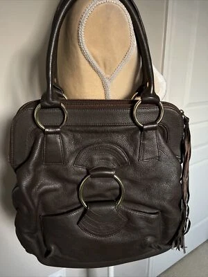 Vintage BULGA Chocolate BROWN LEATHER FRINGE LARGE TOTE SHOPPER BAG HANDBAG* - Image 1 of 4