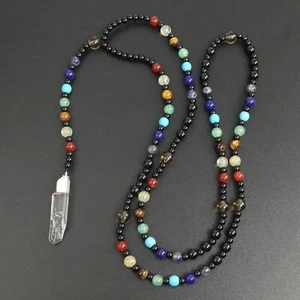 7 Chakras White Rock Crystal Point Pendant Multicolor Beaded 30" Long Necklace - Picture 1 of 10