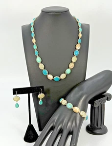 Ensemble bijoux Monet collier boucles d'oreilles percées bracelet fausse turquoise MOP - Photo 1/19
