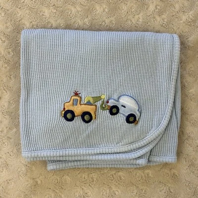 Just Born Tow Truck Pulling Car Baby Blanket Blue Thermal Waffle Weave Orange - Image 1 of 4