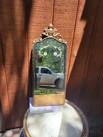 Vintage Wood Mirror With Etching Antique Gold Carved Cover