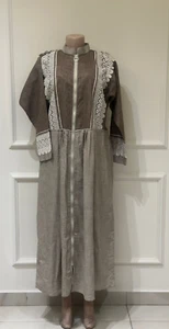 Elegante Gulf Abaya con Encaje y Cremallera - Vestido Modesto Lino Dos Tonos - Imagen 1 de 9