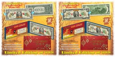 2020 Year of the Rat 24K Gold LTD 888 Colorized $1 & $2 Bill Set - Image 1 of 3