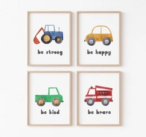 4 Childrens Wall Prints, A4, Nursery Decor, Baby Boy, Vehicles, Cars, Diggers - Picture 1 of 5