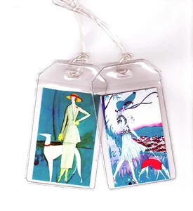 Set of 2 Greyhound Luggage Tags - Vintage Altered Art Teal Ladies - Picture 1 of 4