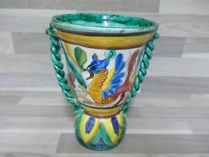 Majolika Vase Italien Antike Deruta mit Drache/Blumen Muster H19,5cm Handbemalt