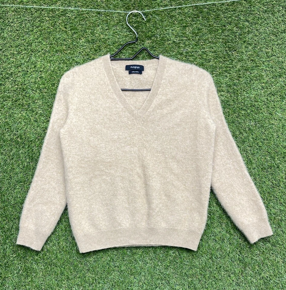 M & S автограф кашемир свитер женщин Великобритании 12 подходит маленький 100% бежевый осени теплый Y2K - Изображение 1 из 4