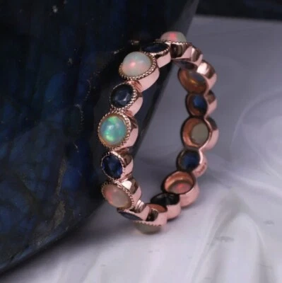 Anillo de eternidad completo de piedras preciosas de zafiro azul ópalo, alianza de boda de plata de ley 925 Foto 1 de 4