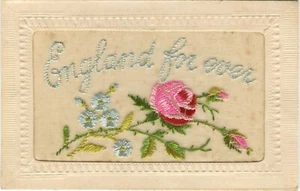 WWI, ENGLAND FOREVER, FLOWERS, ROSES - Embroidered Silk Greetings Postcard - Picture 1 of 2