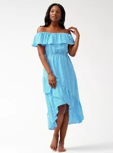 Tommy Bahama Palm Party Off-The-Shoulder Flounce Midi Dress Blue Stripe Sz M NWT - Picture 1 of 4