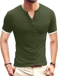 Men's Slim Fit Casual Short Sleeve Henley Summer T-Shirt - Picture 1 of 12