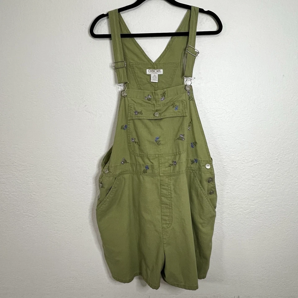 VTG Y2K Cherokee Overall Shorts Green Embroidered Linen Blend Women’s Plus 20W - Image 1 of 4