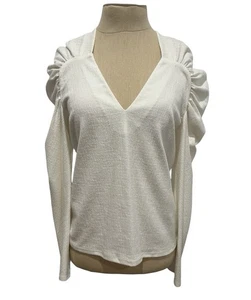 NWT Rebecca Taylor Womens MEDIUM Blouse Ivory V-Neck Long Sleeve Ruched Shoulder - Picture 1 of 9