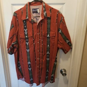 VTG 90s XL Wrangler Western Short sleeve Shirt Snap Brushpopper Red Black Aztec - Picture 1 of 10