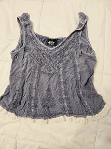 Kirat Tank Top women's Button Light Denim Blue Bohemian Sz 1 X Rayon Embroidered - Picture 1 of 8