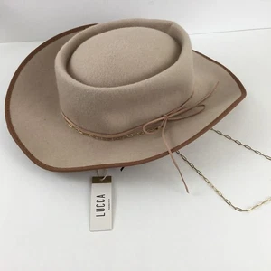 Lucca Panama 100% Wool Hat Womens One Size 57cm Tan Cowboy Rancher Casual Chain - Picture 1 of 9