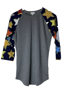 NWT LuLaRoe Gray Blue Baseball Shirt Red Yellow Blue Star Sleeves - Randy - S - Picture 1 of 9