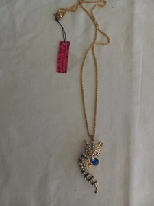 BETSEY JOHNSON Jeweled Blue & Gold Fox Pendant ~ NECKLACE (NEW) - Picture 1 of 3