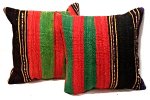 2  Pillow Covers Serape Stripe Rug Pillow Red Green Black Southwest Tribal Wool - Picture 1 of 6