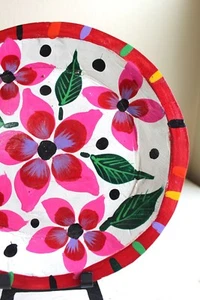 Hand Painted 10.75 in Wooden Plate Floral Whimsical Mexico Inspired Happy Decor - Picture 1 of 4