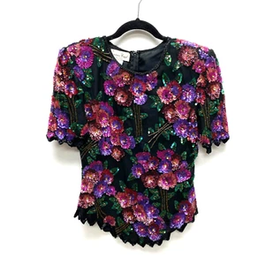Vintage Laurence Kazar Women Black Floral Silk Sequin Beaded Trim Scallop Top L - Picture 1 of 6