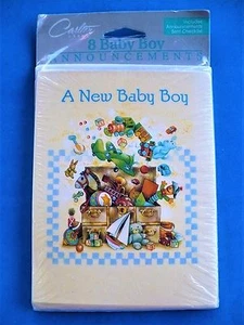 VINTAGE BABY BOY ANNOUNCEMENT CARDS SEALED PKG 8 CARDS/ENVELOPES CARLTON CARDS - Picture 1 of 3