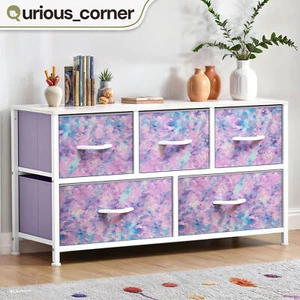 Chest of Storage 5 Drawers Dresser Purple Fabric Organizer Bedroom Closet - Picture 1 of 11