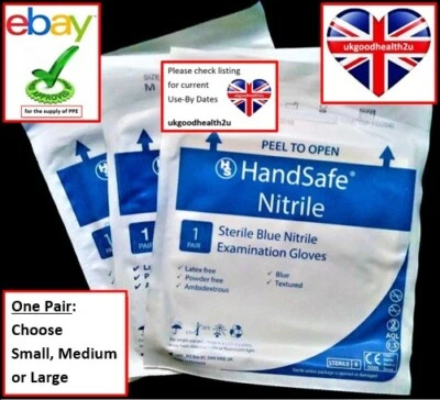 Handsafe Nitrile STERILE Blue Examination Gloves Small Medium Large Single Pair