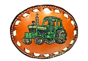 JOHN DEERE TRACTOR Belt BUCKLE with White BUCKSTITCHING Leather with EMBROIDERY - Picture 1 of 4