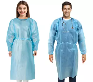 Blue Disposable Isolation Gowns Lab Dental Coat PPE Medical 10/50/100 PK - Picture 1 of 13