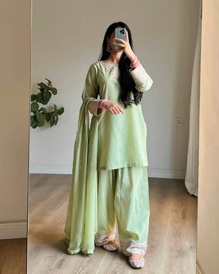 Latest Pastel Green Rayon Cotton Silk Salwar Kameez With Dupatta For Women - Image 1 of 4