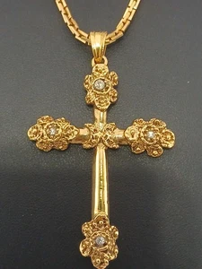 VINTAGE goldfarbene Kette aufwendige Details klare Kristalle Kreuz Design Anhänger - Bild 1 von 9