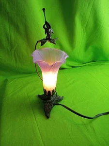 Vintage 12” Bronze Fairy Cherub On A Swing Lamp w/ Tulip Glass Shade Metal Base - Picture 1 of 6