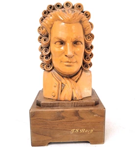 Wooden Sculpture Bust T.S. Bach Vintage Carved Statue 1960 Was Music Box 10" - Picture 1 of 15