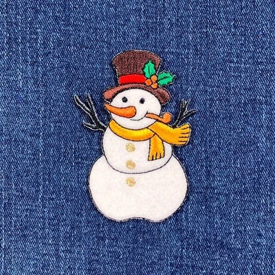 Snowman Applique Patch Christmas Holly Embroidered Snow Man Badge 2-7/8" Iron On - Image 1 of 2