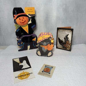 Vtg. Halloween Greeting Cards Large Flocked Pumpkin Stand Up Cat Plus Ephemera - Picture 1 of 10