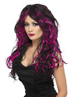 Gothic Bride Long Curly Wig, Black And Pink Halloween Fancy Dress Accessory