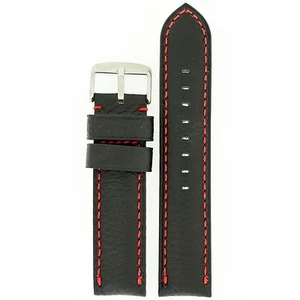 Watch Band Calf Leather Black Red Stitching Heavy Padded Long 20mm - 24mm - Picture 1 of 4