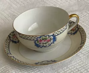 Antique Noritake Pink Roses Blue Garland Teacup and Saucer c. 1924 RARE! - Picture 1 of 5