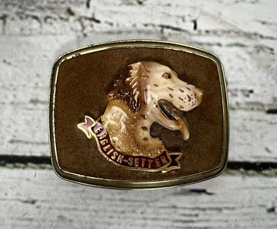 De colección 1979 Inglés Setter Raza de Perro Raintree Gamuza Cuero Trasero Metal Hebilla de Cinturón Foto 1 de 4