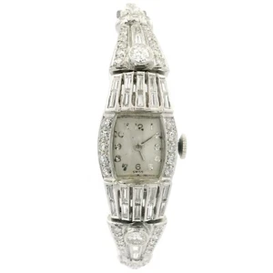 Antique Art Deco Fancy Platinum Old Round & Baguette Cut Diamond Watch Bracelet - Picture 1 of 14