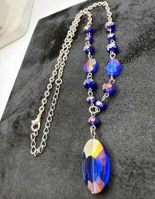 银色 16 英寸项圈项链蓝色北极光玻璃吊坠 Y 滴正式 — 第 1/4 张图片