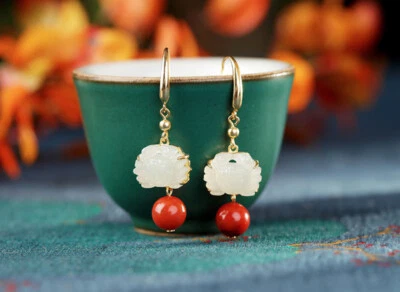 B23 Orecchini Granchio Bianchi Hetian Giada Agata Sfera Argento Sterling 925 Oro - Immagine 1 di 4