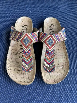 Sandalias Sam & Libby 7.5 Boho Bordadas Corcho Sin Cordones Tanga Chanclas Playa Foto 1 de 4