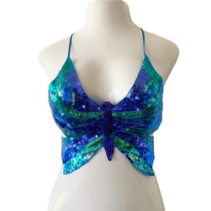 Vintage Damen blau Perlen Pailletten Korsett Schnürung Rücken Schmetterling Y2K Top - Bild 1 von 7