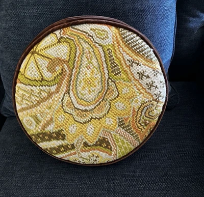 Needlepoint Hand made Round Throw Pillow Paisley green yellow brown velvet back - Image 1 of 4