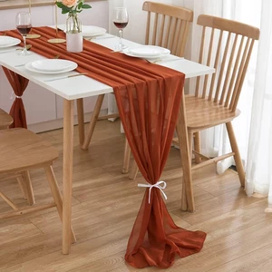 Runner Tavola in Chiffon, Runner Autunnale,70X300 Cm, in Rosso Ruggine, Fascia T - Foto 1 di 9